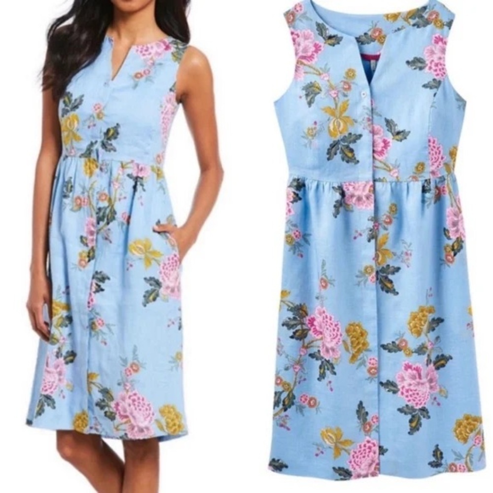 Joules Lisia Sky Blue Floral Print Linen Sleeveless Button Front Dress Sz 4 NWT